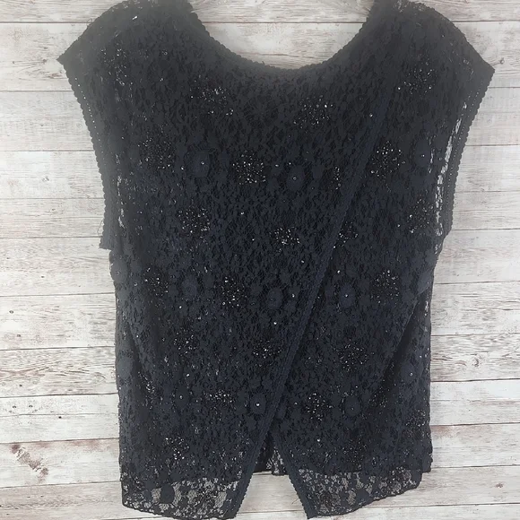 Zara Basic, Black Sequin Lace Women's Blouse, Sz L - Picture 5 of 10